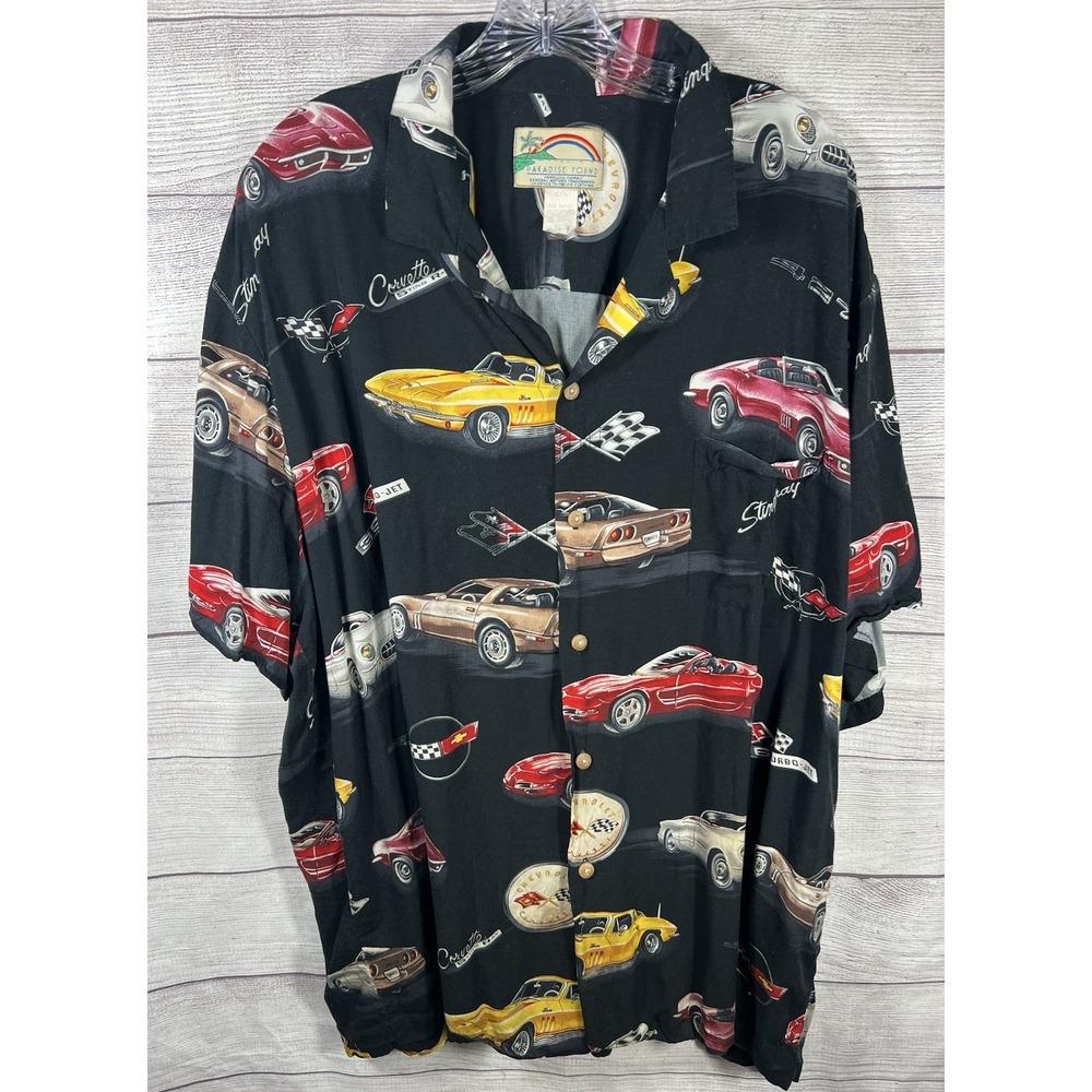 Vtg Paradise Found Corvette Shirt Mens‎ 2X Black Hawaiian Cars Racing Stingray